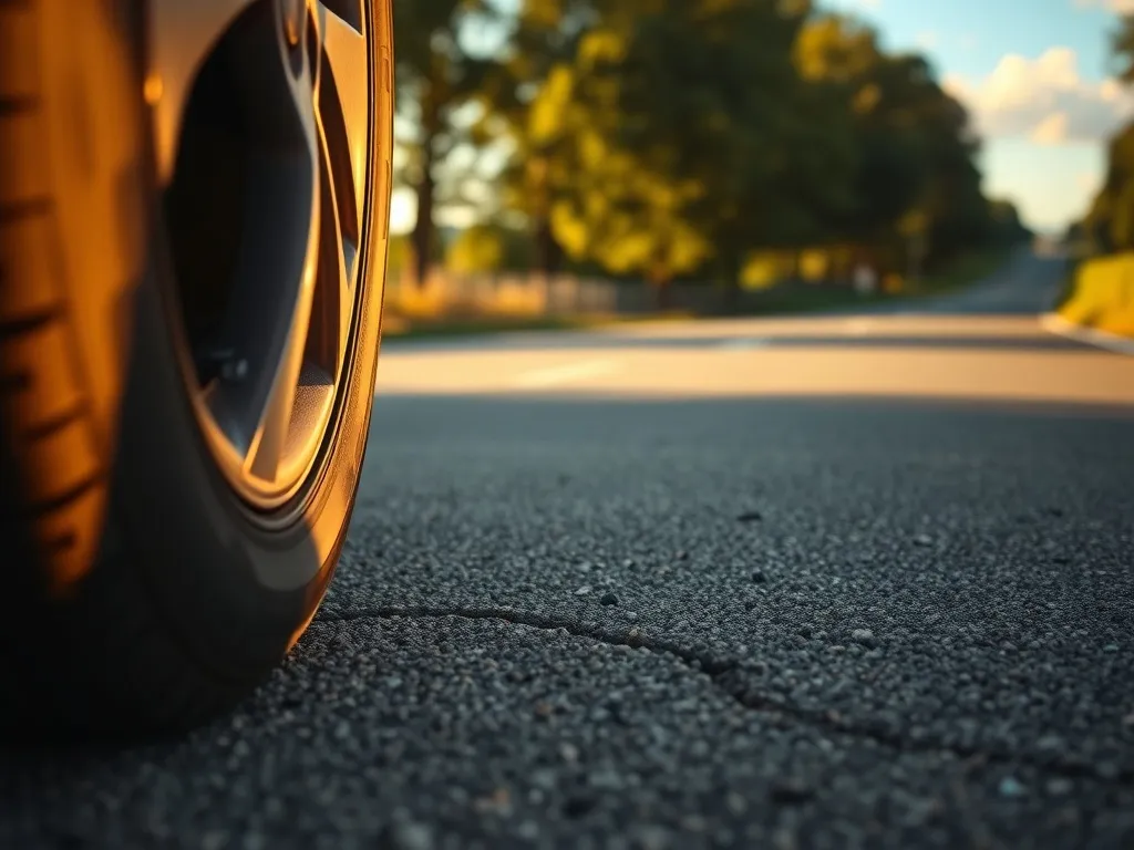 Zbliżenie koła auta na letniej drodze, wyraźny bieżnik opony zimowej, słoneczna pogoda i spokojna wiejska sceneria.