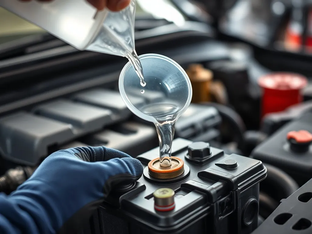 Mechanik wlewa przez lejek klarowny płyn do otwartej celi akumulatora samochodowego, dbając o bezpieczne uzupełnianie.