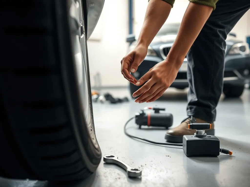 Mechanik łata przebitą oponę w warsztacie; na podłodze leżą narzędzia, co ilustruje koszt naprawy opony