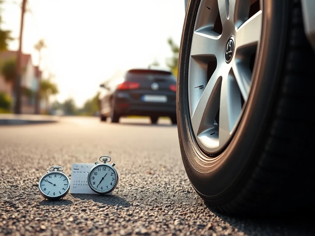 Letnia opona na asfalcie obok stopera i kalendarza, symbolizująca przebieg, wiek i trwałość opon samochodowych
