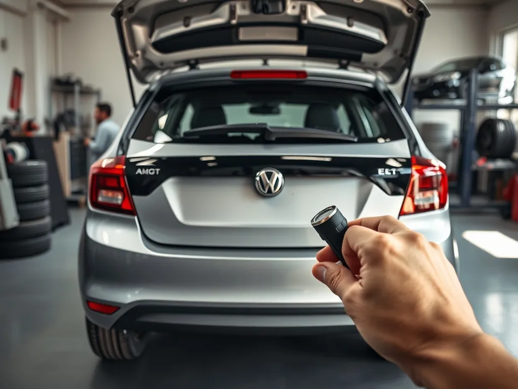 Mechanik sprawdza latarką układ wydechowy Laguny 3 w garażu, sugerując kontrolę obecności filtra DPF.