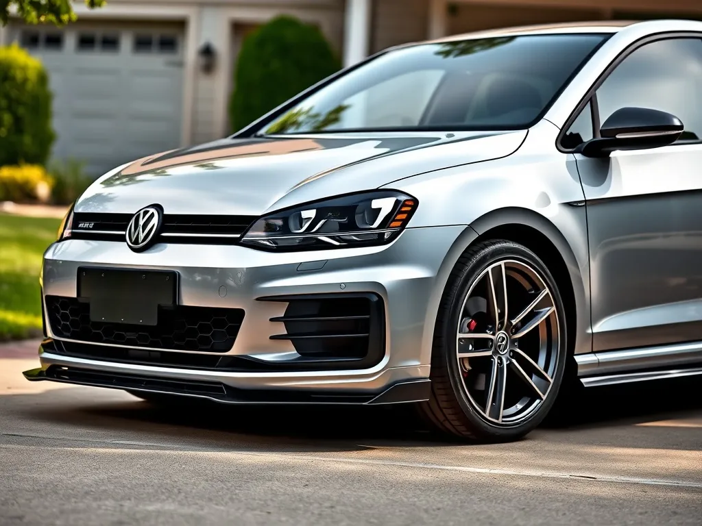 Srebrny VW Golf 5 z zamontowanym sportowym body kitem, podkreślającym zderzak, progi i felgi na podjeździe.