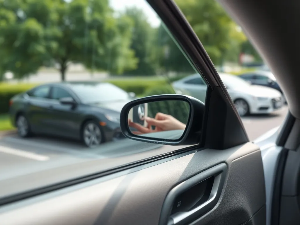 Lekko opuszczona szyba boczna w drzwiach auta z widoczną szczeliną u góry, sugerująca problem z domykaniem okna