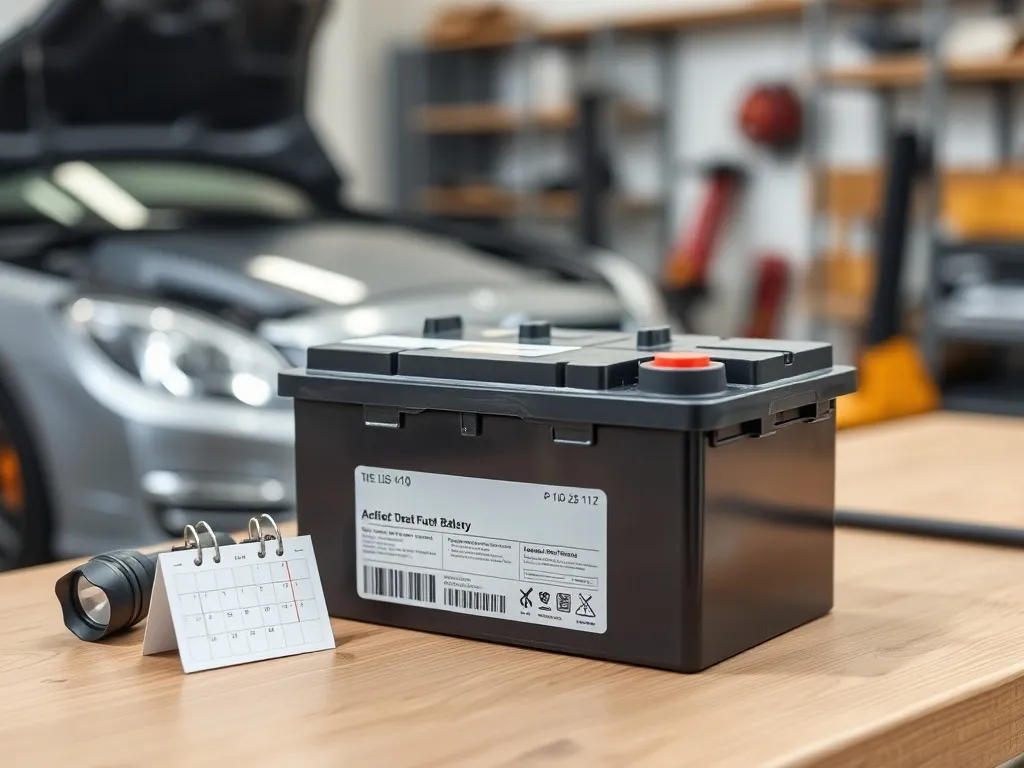 Czysty akumulator na stole w garażu obok latarki i ikony kalendarza, symbolizujący sprawdzanie roku produkcji.