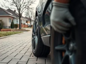 Mechanik wymienia oponę przy aucie na poboczu, obok stoi van mobilnej wulkanizacji z otwartymi drzwiami i narzędziami.