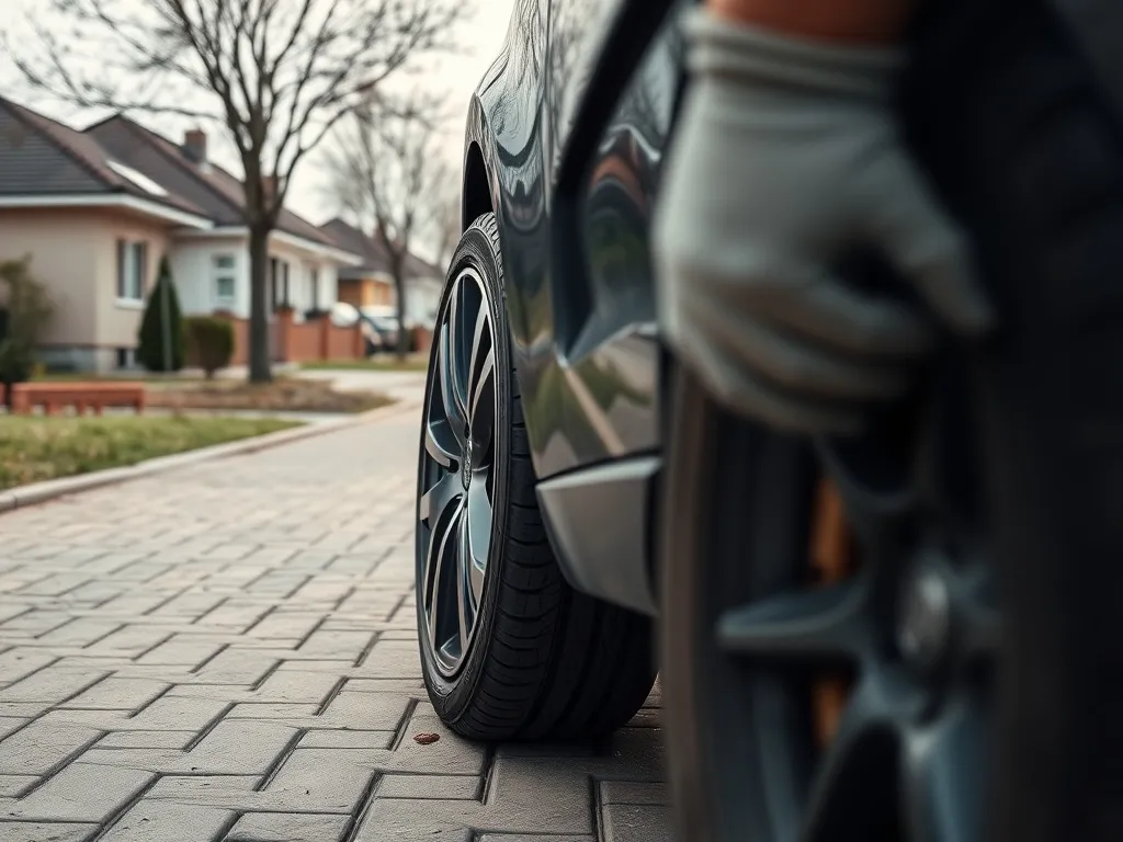 Mechanik w rękawicach zmienia oponę w zaparkowanym aucie na polskiej ulicy, podkreślając sezonową wymianę opon.