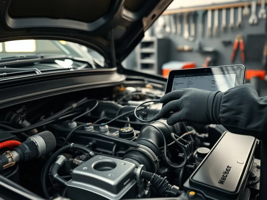 Mechanik diagnozuje nowoczesny silnik Diesla laptopem w warsztacie, przygotowując auto do tuningu i optymalizacji osiągów.