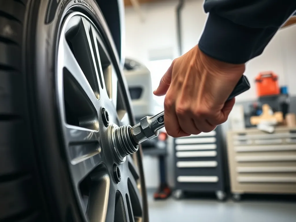 Mechanik dokręca śrubę koła kluczem dynamometrycznym, pokazując prawidłowy moment dokręcania w warsztacie samochodowym.