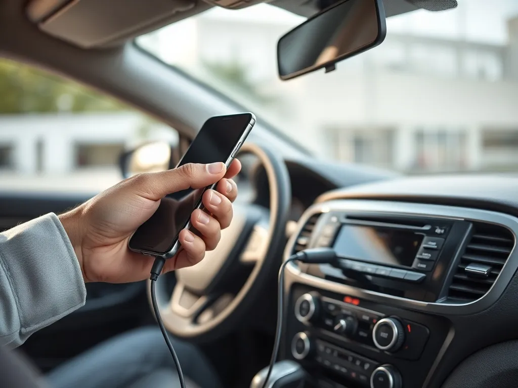 Dłoń podłącza smartfon do samochodowego radia kablem AUX, pokazany krok podłączenia telefonu do wejścia audio.