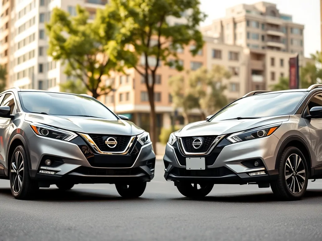 Dwa Nissany – miejski hatchback i większy crossover – stoją obok siebie, ukazując różnicę rozmiaru i charakteru modeli.