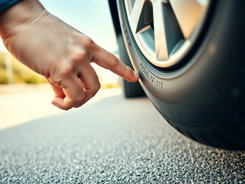 Kierowca palcem wskazuje wybity na boku opony kod daty, ilustrując sposób sprawdzenia roku produkcji opony.