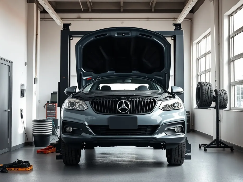 Samochód na podnośniku w jasnym, samoobsługowym warsztacie z kącikiem wulkanizacyjnym i podstawowymi narzędziami.