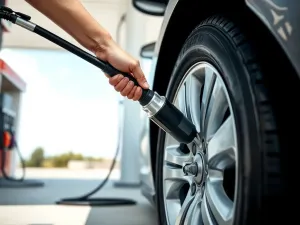 Zbliżenie przedniej opony motocykla na asfalcie, wyraźny bieżnik i wentyl, w tle droga prowadząca w dal