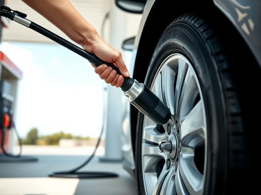 Kierowca sprawdza i dopompowuje ciśnienie w oponie przy nowoczesnym kompresorze na stacji benzynowej.