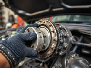 Zbliżenie przebitej opony z leżącym obok zestawem naprawczym, sugerujące możliwość naprawy zamiast wymiany