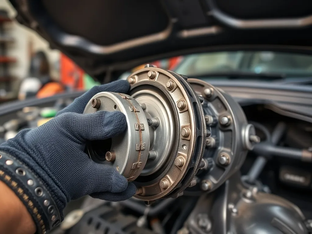 Mechanik w rękawicach trzyma koło dwumasowe przy skrzyni biegów, ilustrując kontrolę stanu podzespołu w aucie