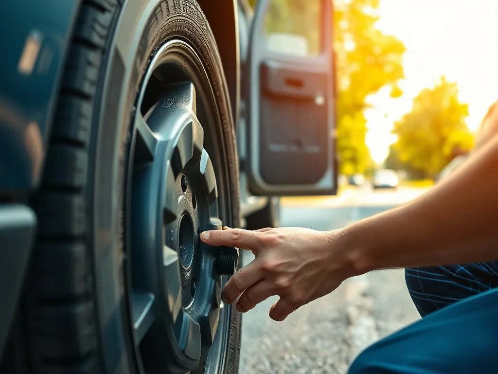 Mechanik wymienia oponę przy aucie na poboczu, obok stoi van mobilnej wulkanizacji z otwartymi drzwiami i narzędziami.