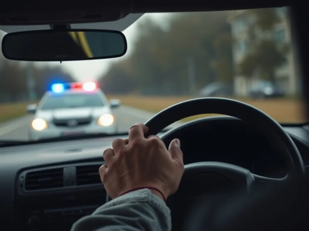 Kierowca trzyma kierownicę, w lusterku i szybie widać radiowóz z włączonymi niebieskimi światłami, atmosfera napięcia.