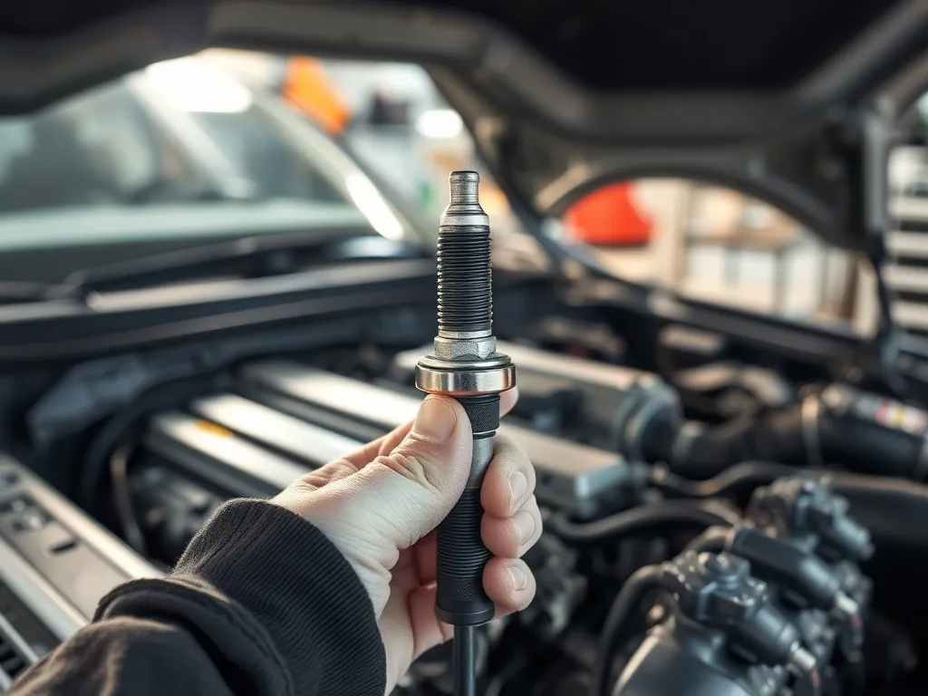 Mechanik trzyma świecę żarową nad silnikiem diesla, podkreślając konieczność regularnej wymiany tych podzespołów.