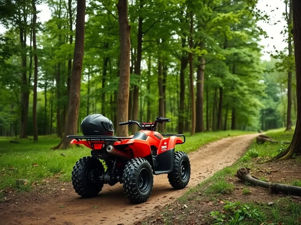 Czerwony quad z kaskiem na leśnej drodze, podkreślający temat przepisów jazdy quadem po lesie.