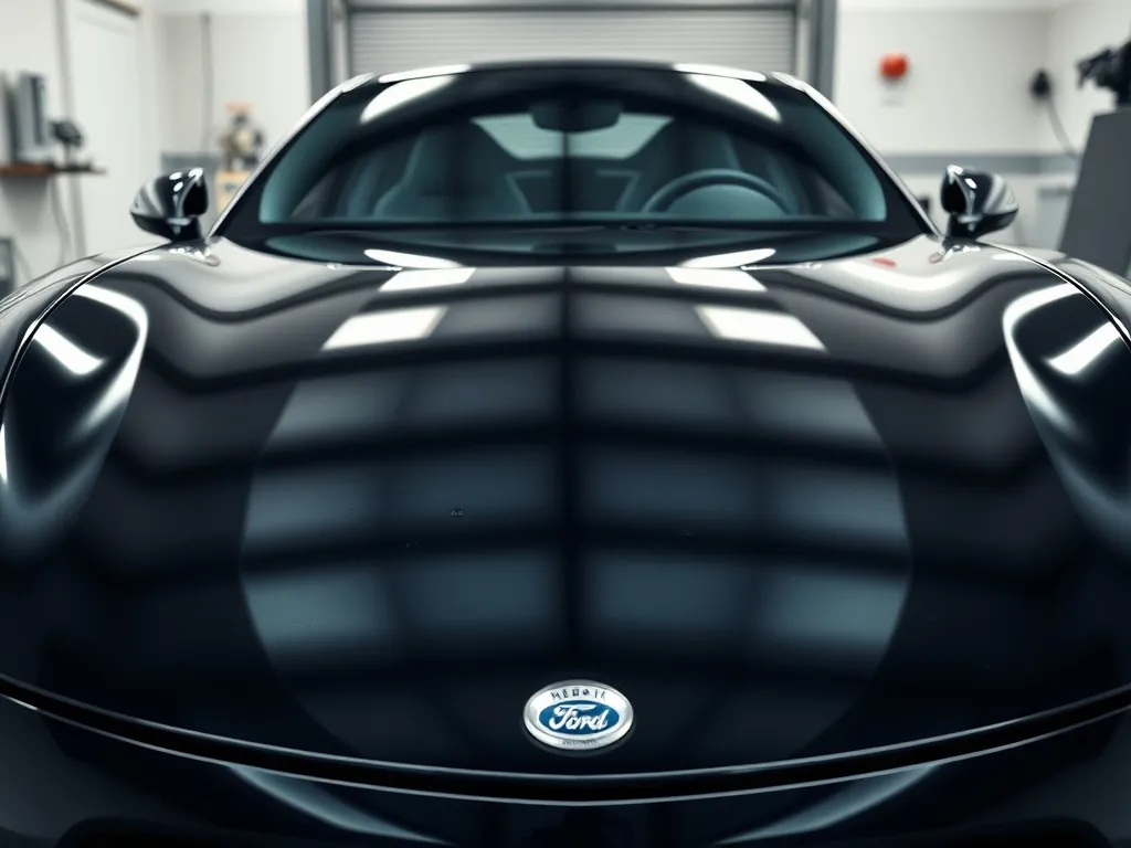 Zbliżenie na ciemny, wypolerowany samochód w studiu detailingu, pokazujące głęboki połysk i efekt hydrofobowy powłoki.