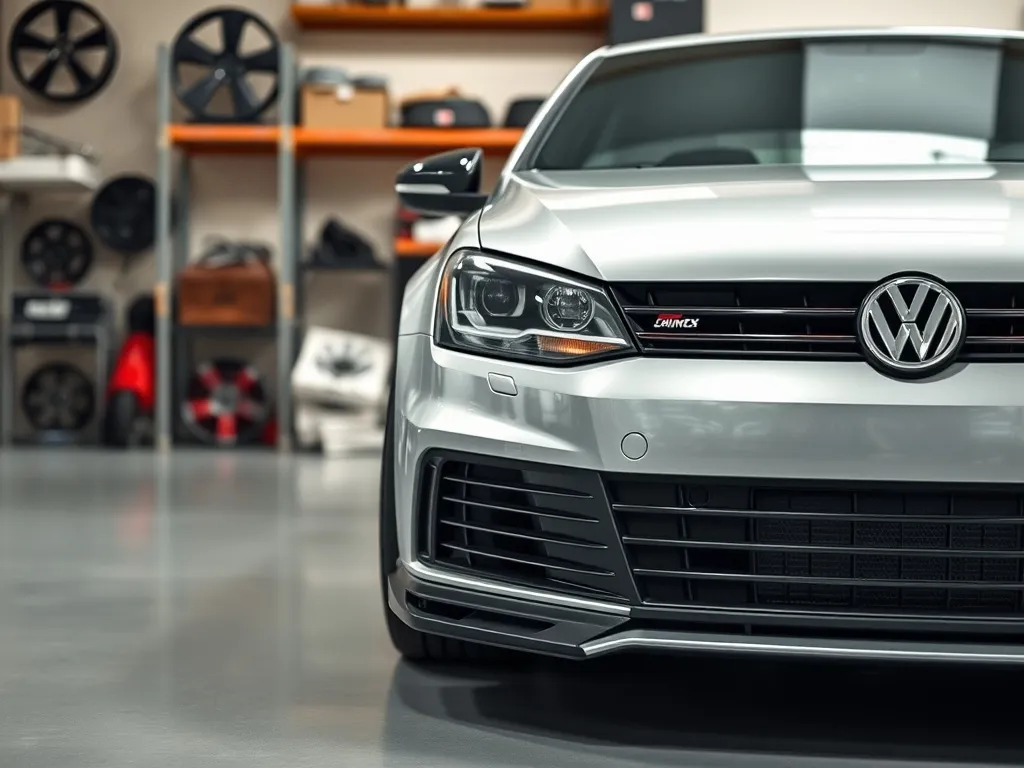 Srebrny Passat B5 w garażu z zamontowanym sportowym body kitem, obniżonym zawieszeniem i podkreślonym przednim zderzakiem