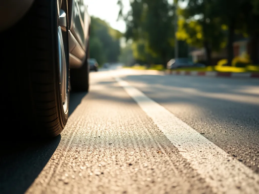 Zbliżenie koła auta na gładkim asfalcie, wyraźny bieżnik opony, spokojna jazda po cichej, słonecznej ulicy.