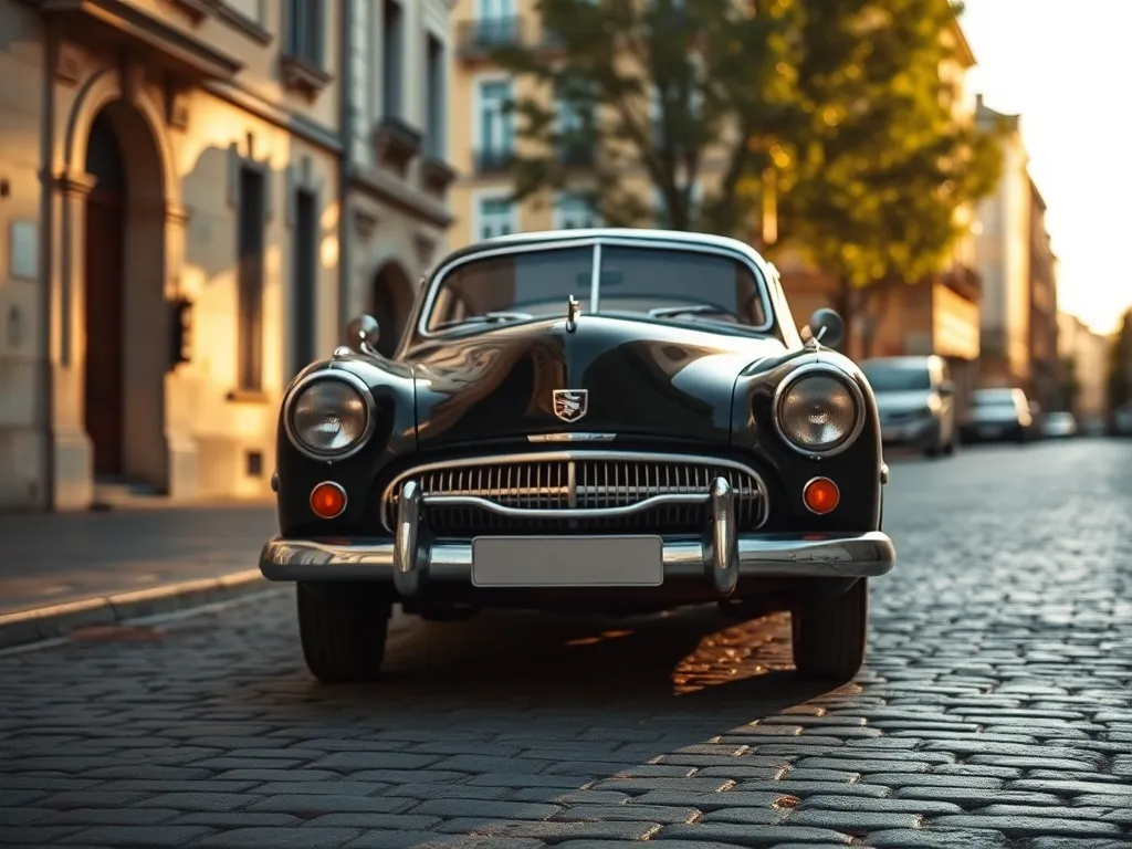 Zadbane auto zabytkowe na brukowanej ulicy w starym mieście, podkreślające klimat klasycznej motoryzacji.