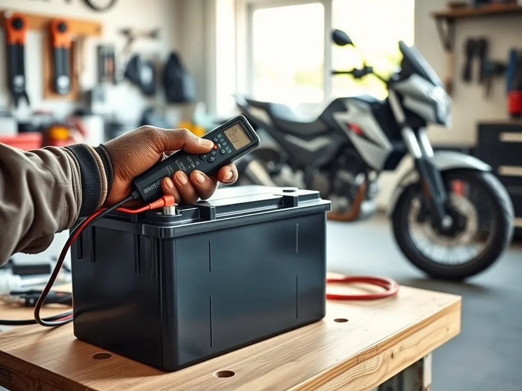 Mechanik mierzy napięcie czystego akumulatora motocyklowego multimetrem w jasnym garażu z widocznym motocyklem w tle