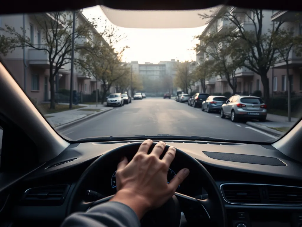 Nowoczesne auto z silnikiem diesla rusza spokojnie po chłodnym, miejskim osiedlu, sugerując delikatną jazdę na krótkich trasach.
