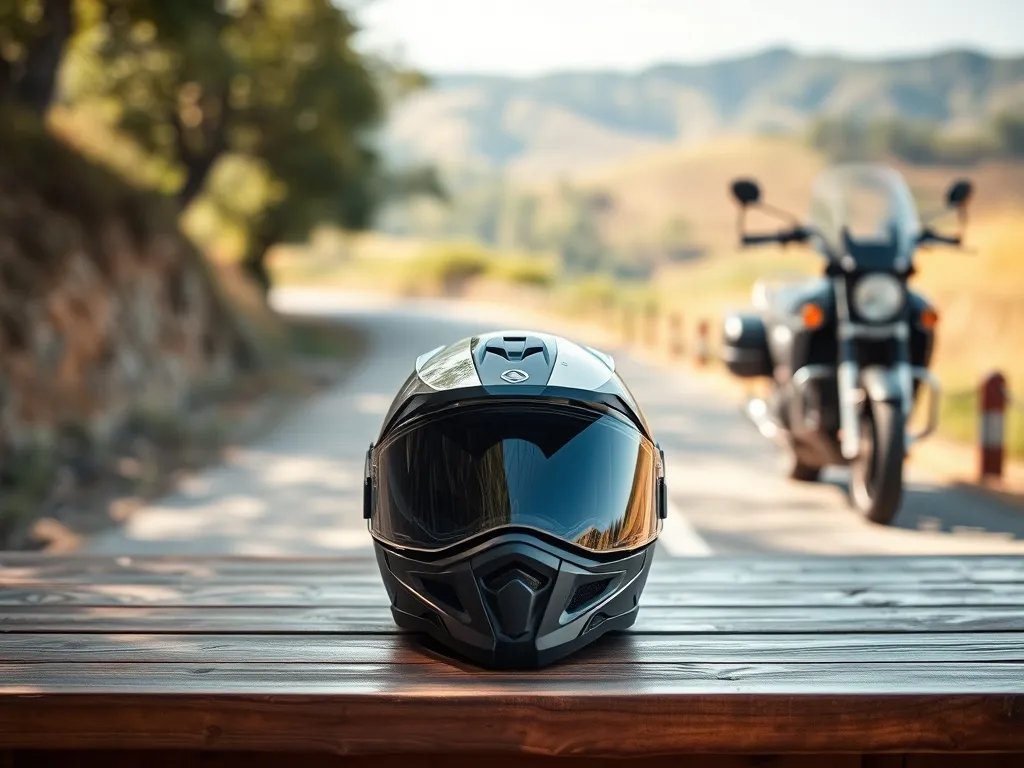 Nowoczesny kask szosowo‑turystyczny na stole, w tle zaparkowany motocykl na malowniczej drodze z łagodnymi wzgórzami.