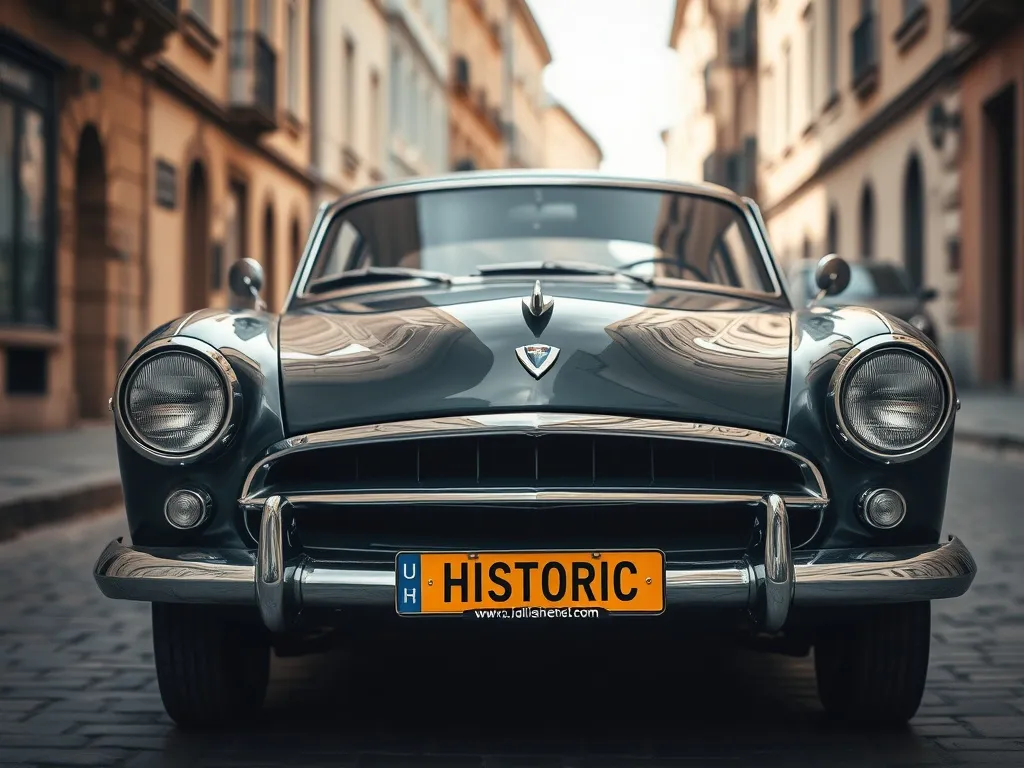 Zabytkowy samochód z żółtą tablicą rejestracyjną na brukowanej ulicy starego miasta, podkreślenie statusu pojazdu historycznego