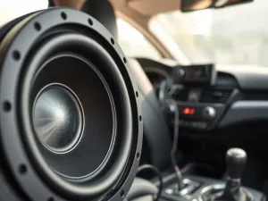 Błyszczący wał korbowy na stole warsztatowym, w tle rozmyty blok silnika i narzędzia w jasnym garażu.