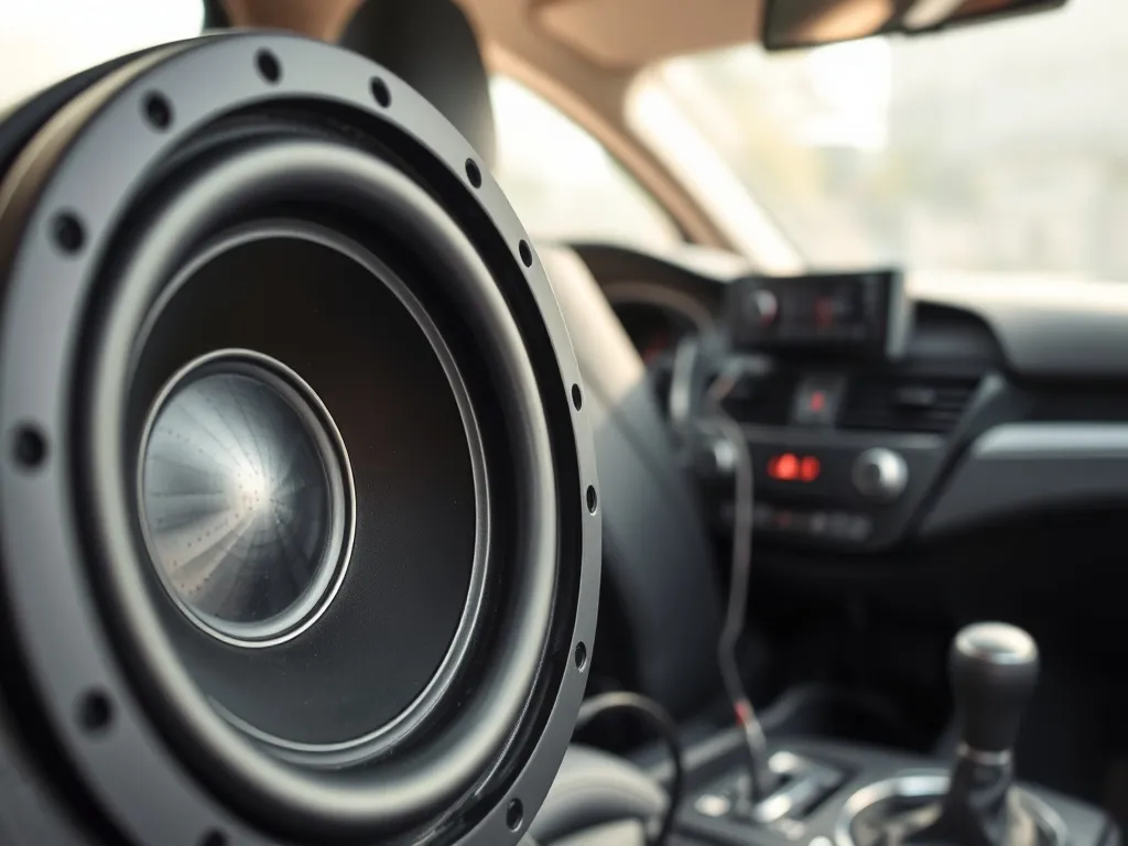 Zbliżenie podłączenia przewodu subwoofera do prostego radia samochodowego, pokazujące sposób instalacji bez złączy chinch