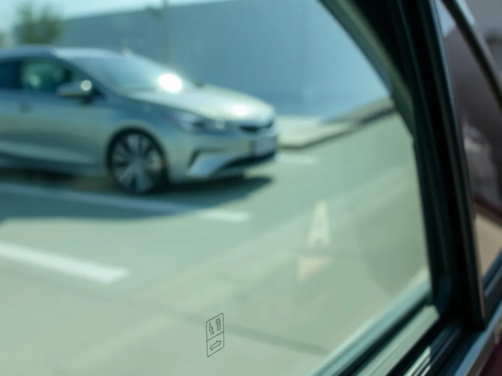 Zbliżenie na oznaczenia i symbole na bocznej szybie samochodu, podkreślające ich znaczenie i standardy bezpieczeństwa.