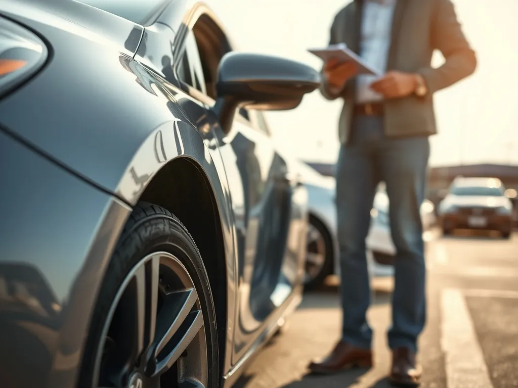 Klient z notatnikiem rozmawia ze sprzedawcą przy używanym aucie na parkingu komisu, drzwi kierowcy są otwarte.