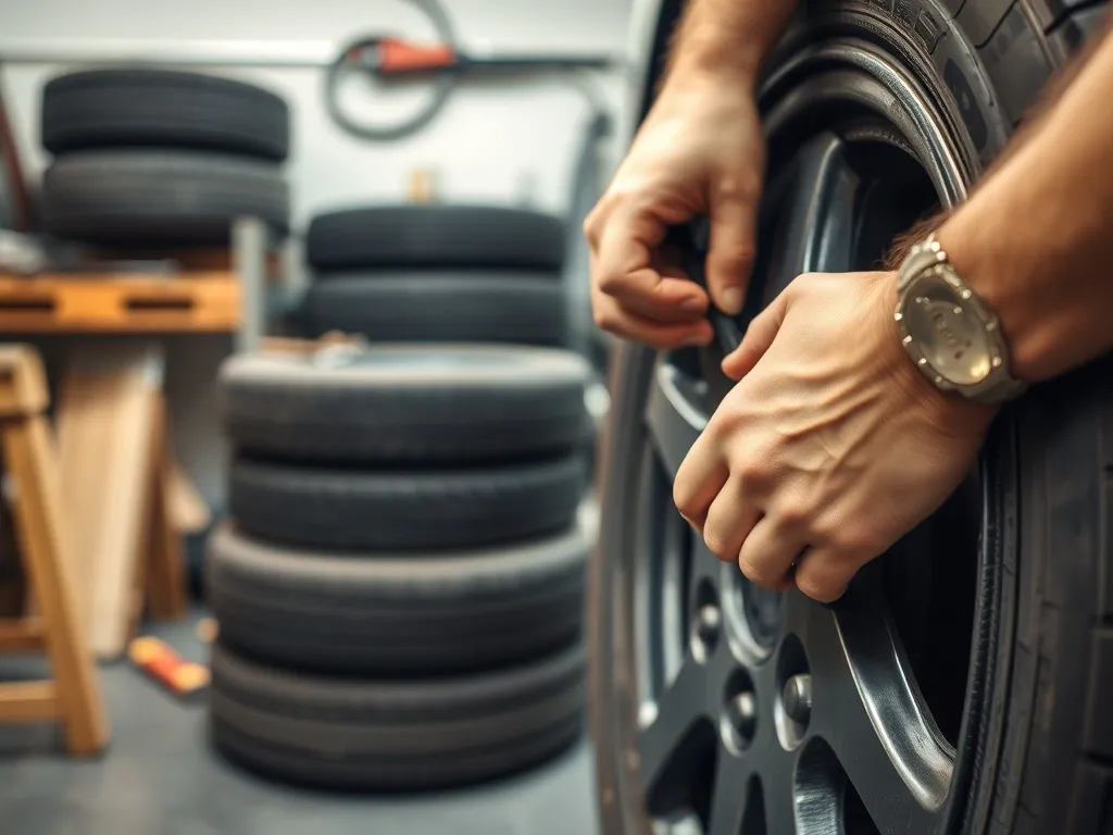 Mechanik naprawia oponę samochodową w warsztacie wulkanizacyjnym, pokazanie ręcznej naprawy i profesjonalnego podejścia.