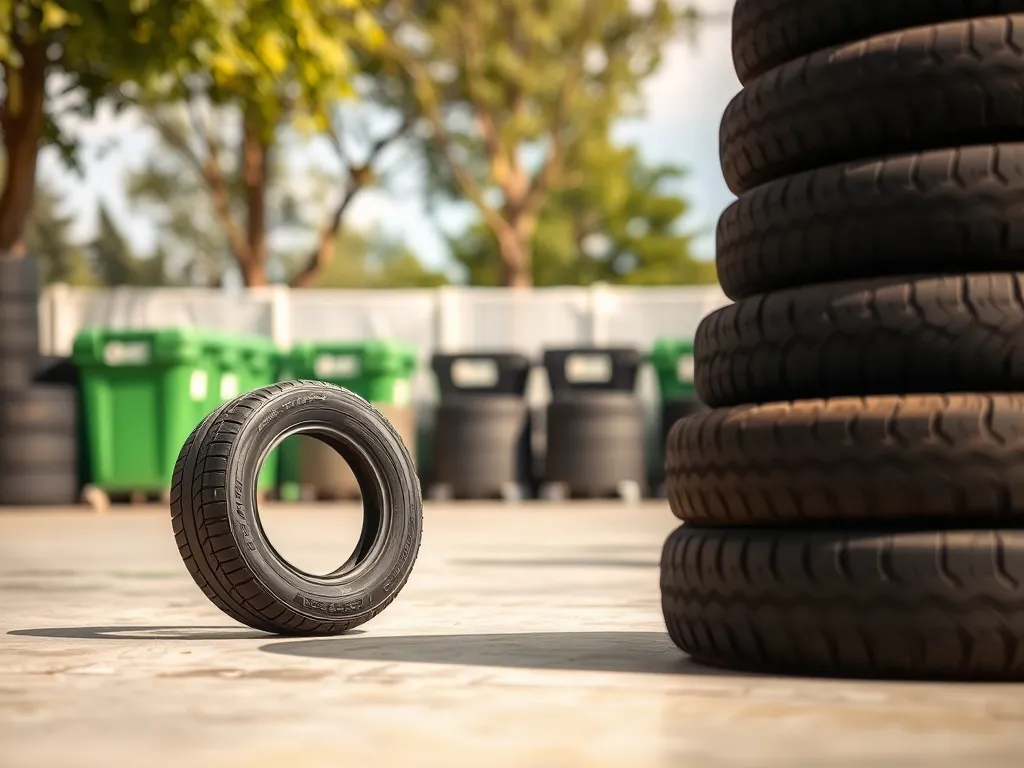 Stos starych opon przy punkcie recyklingu, podkreślający ekologiczne i legalne sposoby ich pozbycia się.
