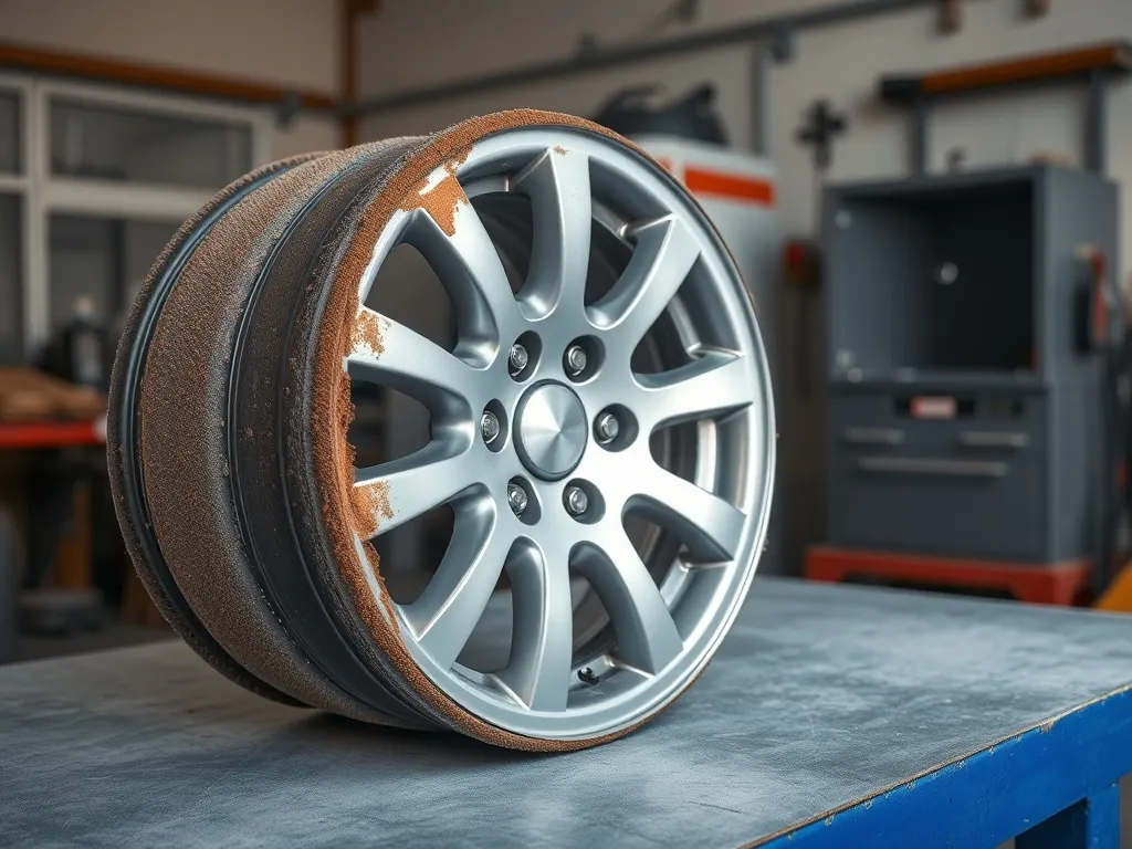 Felga aluminiowa przed i po piaskowaniu, wyraźne porównanie zabrudzonej i oczyszczonej części obręczy