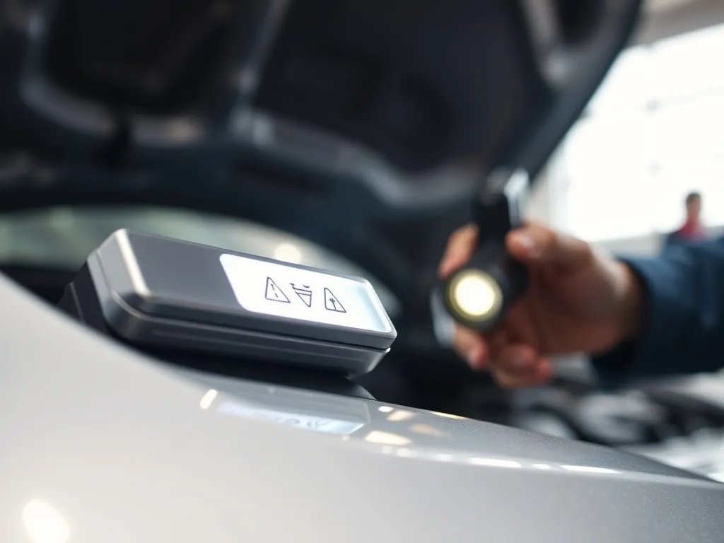 Zbliżenie tabliczki znamionowej auta z podświetlonym oznaczeniem, w tle mechanik sprawdzający silnik latarką.