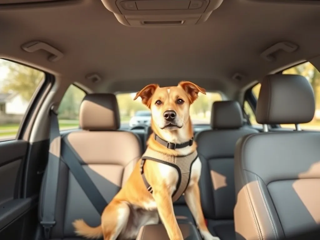 Pies średniej wielkości spokojnie siedzący na tylnej kanapie auta w szelkach przypiętych do pasa bezpieczeństwa