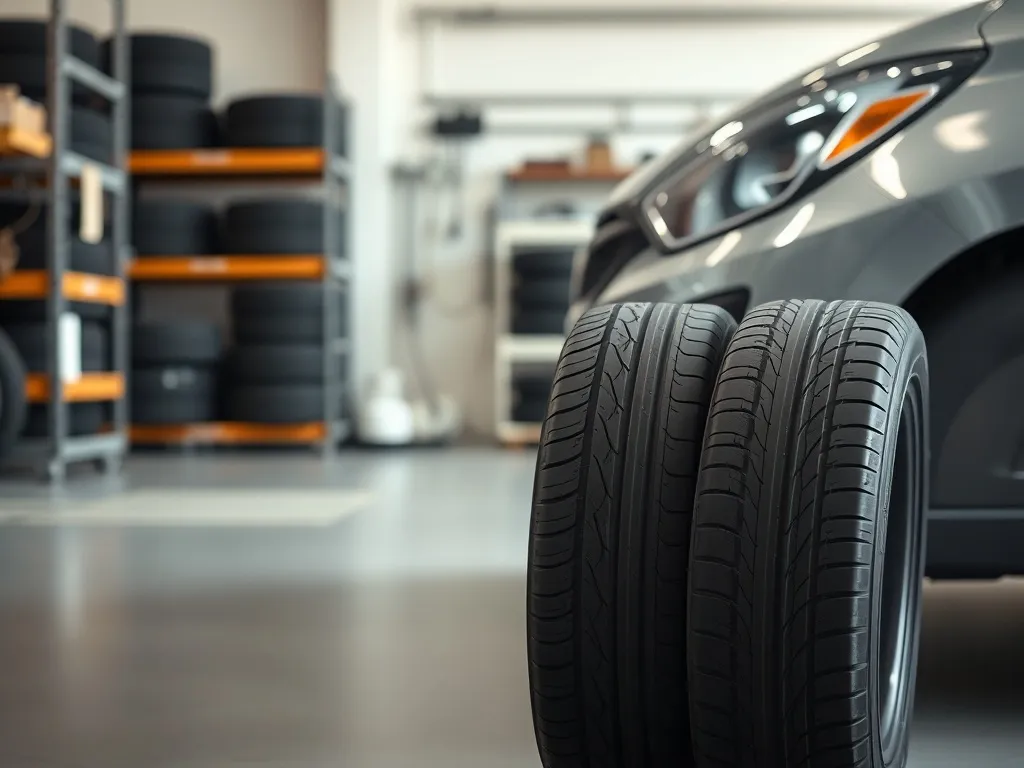 Nowe opony stoją obok przedniego zderzaka Renault Clio w jasnym warsztacie, podkreślając wybór właściwego ogumienia.