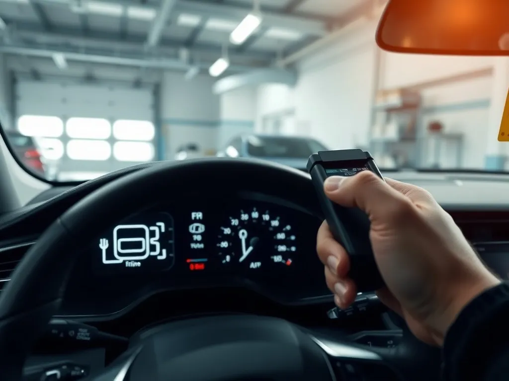 Kierowca sprawdza poziom sadzy w filtrze DPF skanerem OBD, z podświetlonymi ikonami silnika na ekranie deski rozdzielczej.