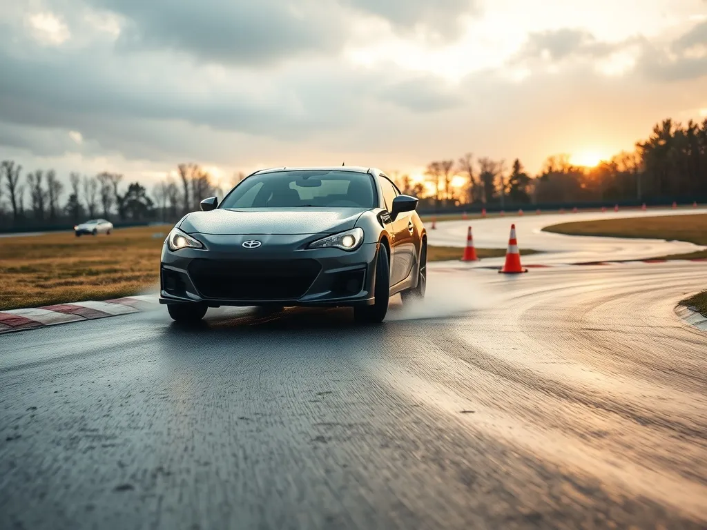 Auto z napędem na przód w kontrolowanym poślizgu na mokrym torze treningowym, podkreślając technikę driftu.