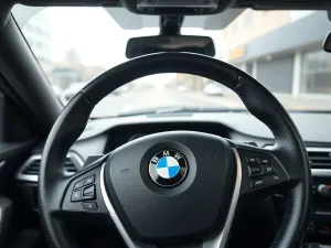 Mechanik trzyma zużyte opony przed warsztatem wulkanizacyjnym z uporządkowanymi stosami starych i nowych opon w tle.