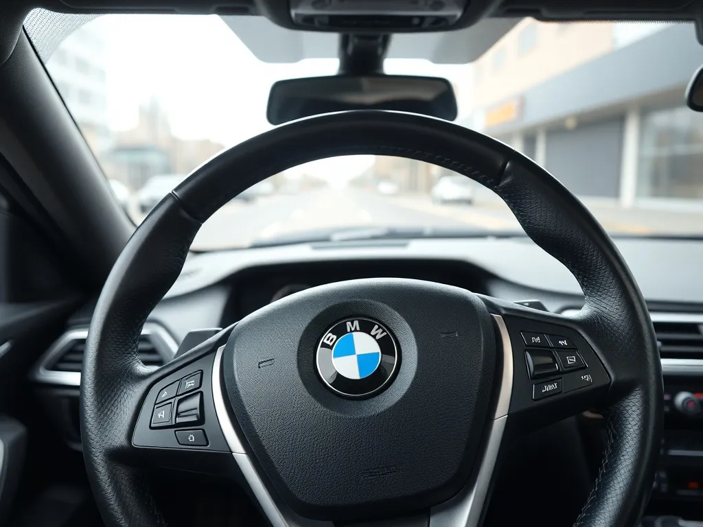 Nowoczesna kierownica BMW w czarnym skórzanym wykończeniu, z widocznymi przyciskami i przeszyciami w jasnym wnętrzu auta