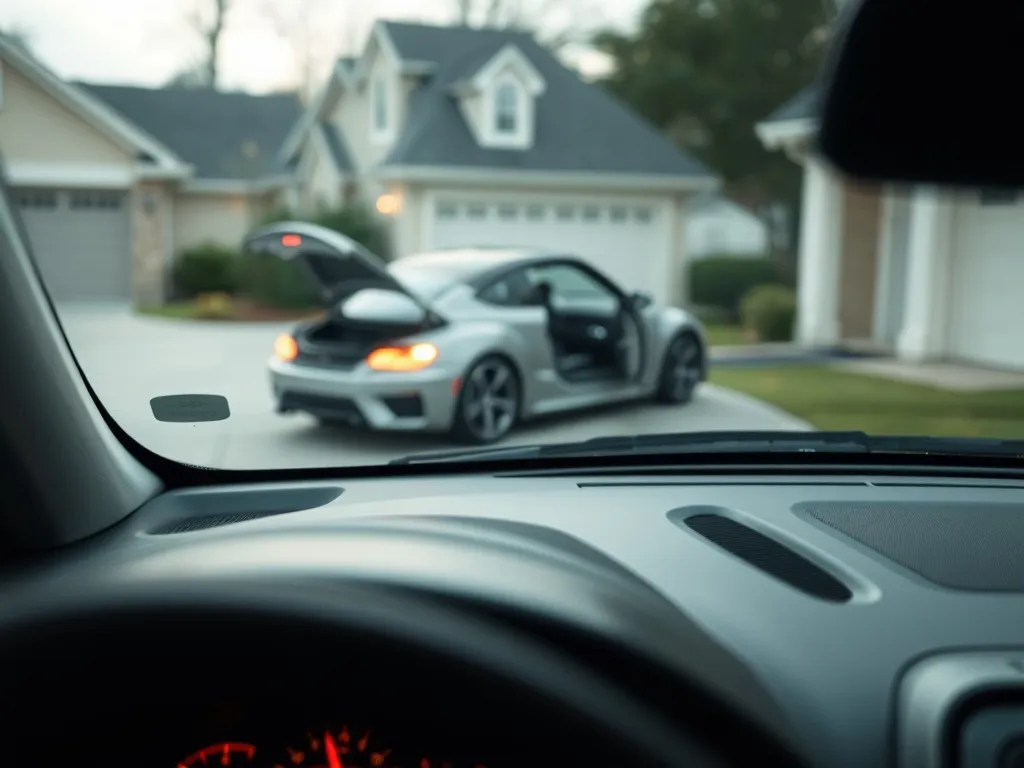 Zapalone kontrolki na desce rozdzielczej i auto z otwartą maską sugerujące problem z filtrem DPF.