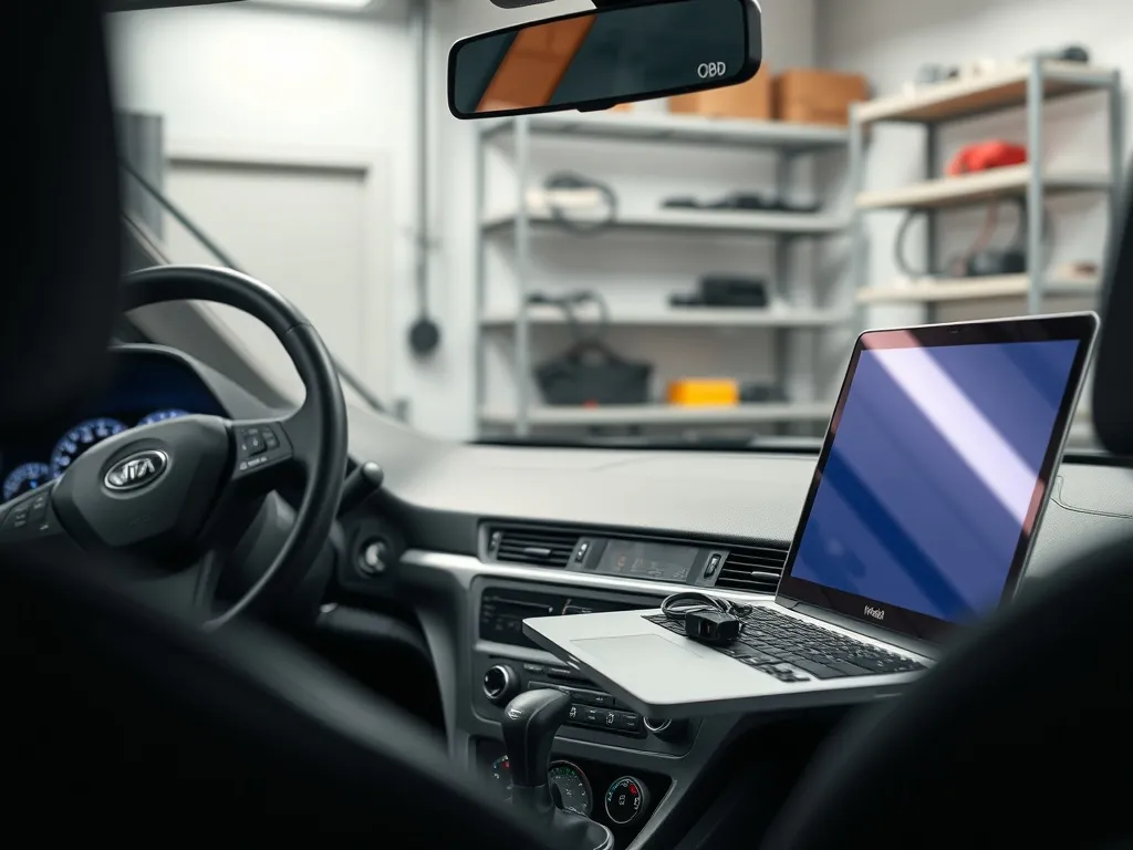 Laptop podłączony do samochodu w profesjonalnym warsztacie, przygotowanie do chip tuningu i diagnostyki silnika.