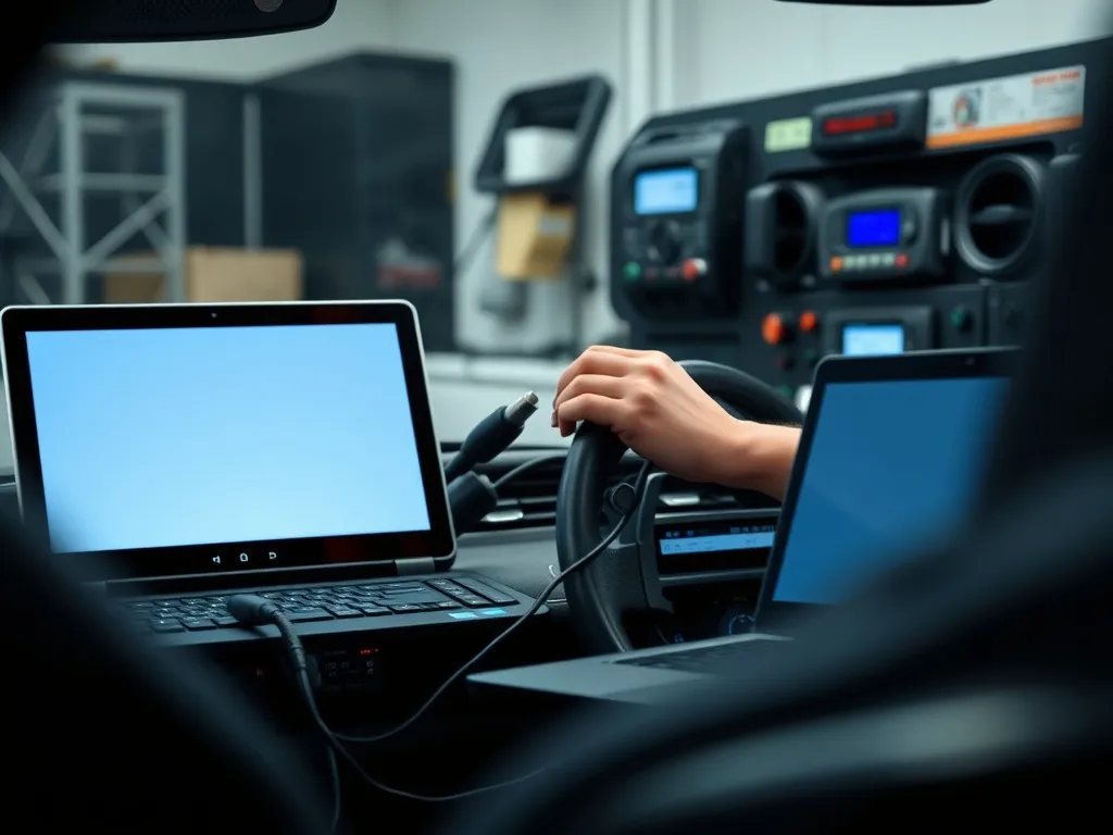 Laptop podłączony do auta przez OBD w warsztacie, mechanik diagnozuje silnik przed chip tuningiem.