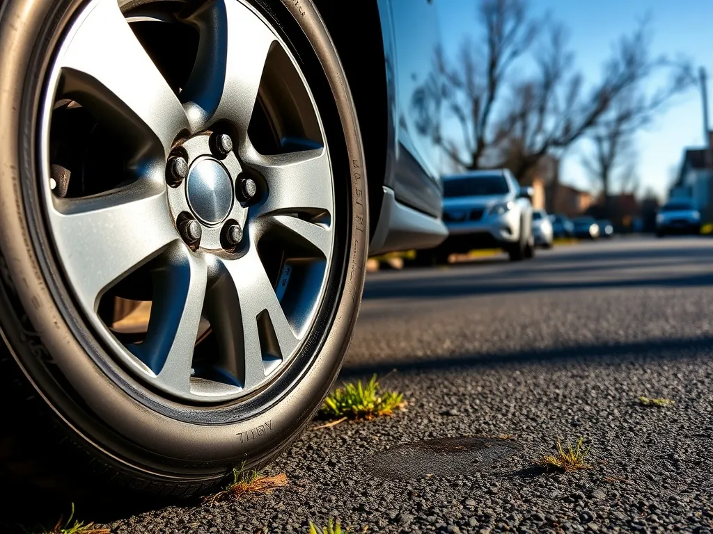 Samochodowe koło z letnią oponą na suchej nawierzchni wiosną, sugerujące odpowiedni moment na zmianę ogumienia.
